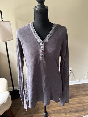 Miley Cyrus & Max Azria Dusty Purple Waffle Henley Long Sleeve Top